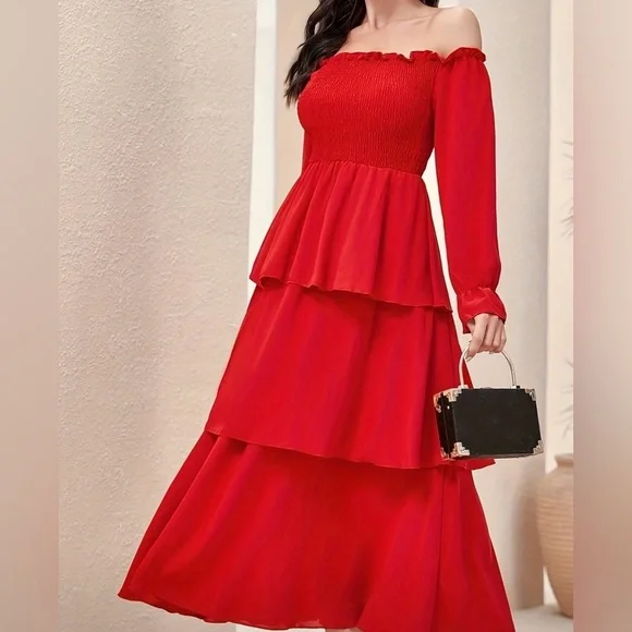 Red Off-Shoulder Tiered Maxi Dress – NWOT – Size L - Picture 3 of 6